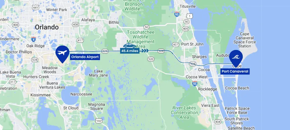 Orlando International Airport MCO to Port Canaveral Route Map