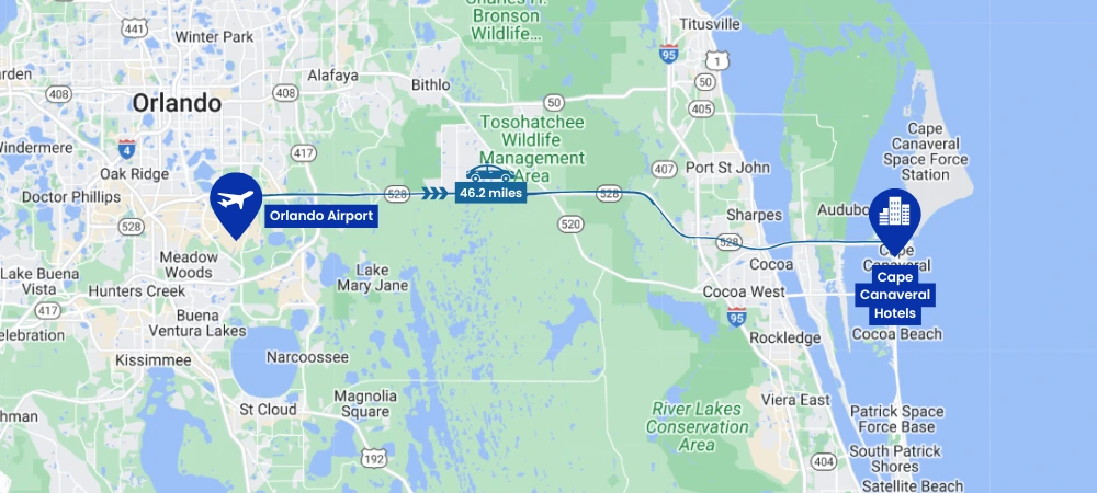 Orlando International Airport MCO to Cape Canaveral Route Map