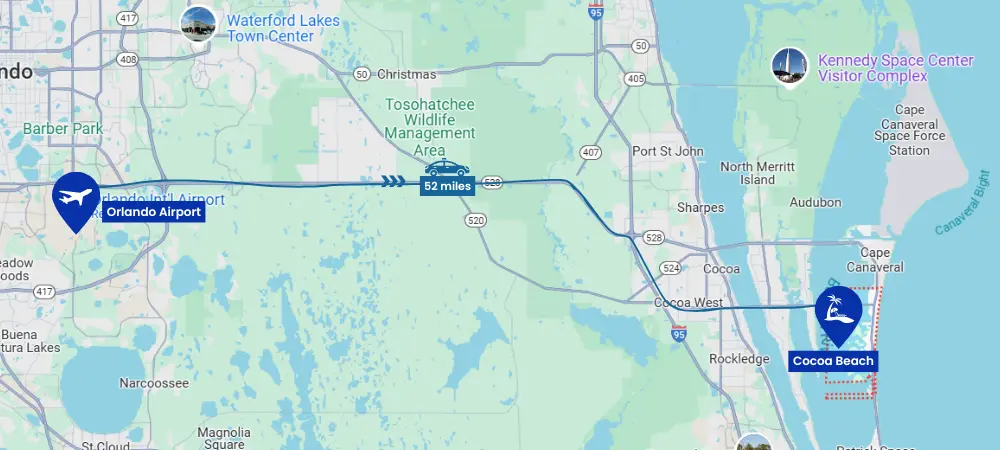 Orlando International Airport MCO to Cocoa Beach Route Map